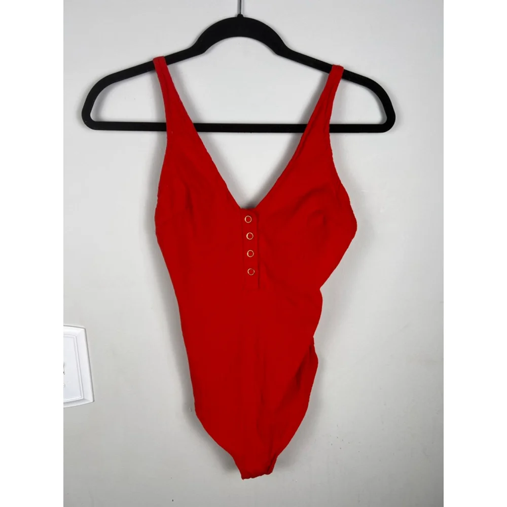 Women's Free People Red Ribbed V-Neck Bodysuit XS Festival Layering Henley